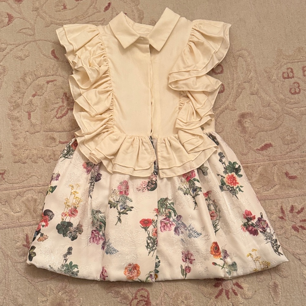 Girls' Cream Floral Ruffle Party Dress